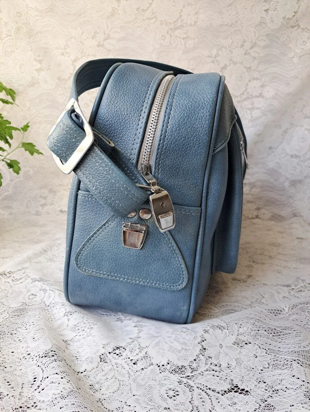 Vintage 70s Sky Blue American Tourister Type Vinyl Carry-On Shoulder Bag Korea